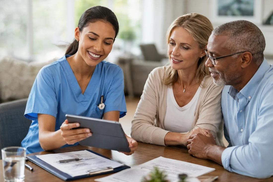 A care professional listening to two adults at home