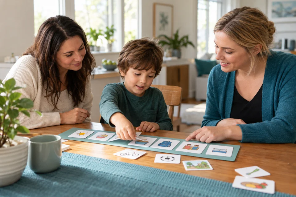 Illustrative scene of a child, parent and support worker planning a daily routine