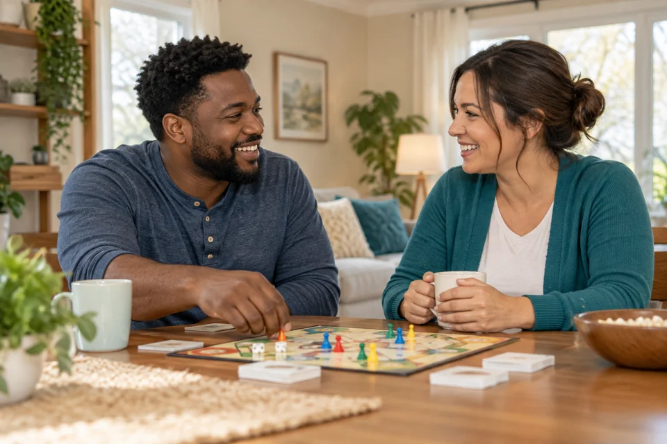 Illustrative scene of a younger adult and companion sharing a board game at home