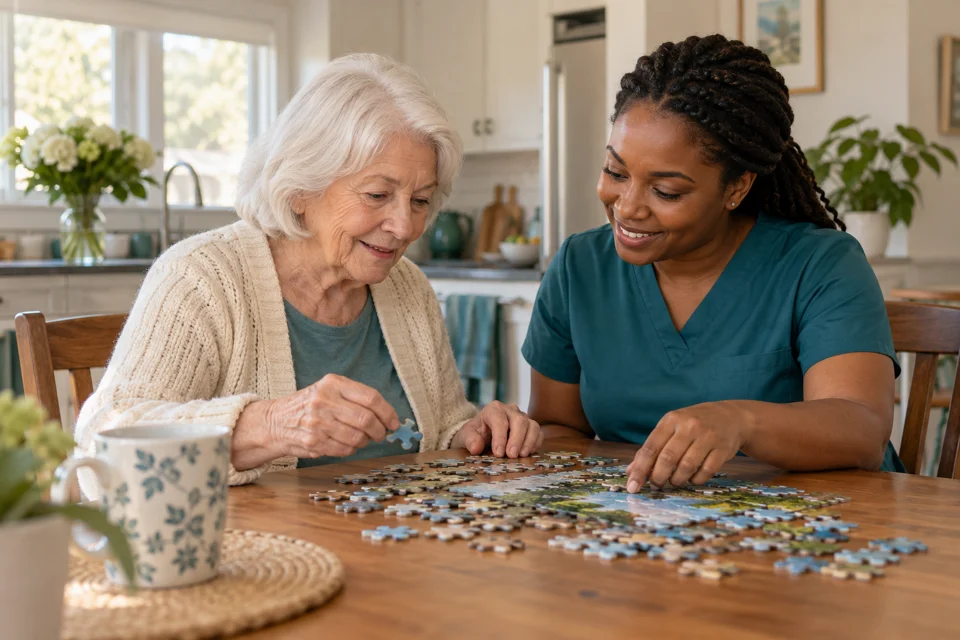 Illustrative scene of an older adult and caregiver working on a familiar puzzle activity