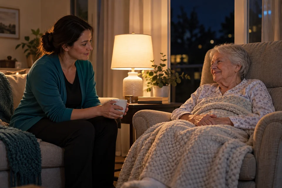 Illustrative scene of a caregiver offering support in a softly lit home at night