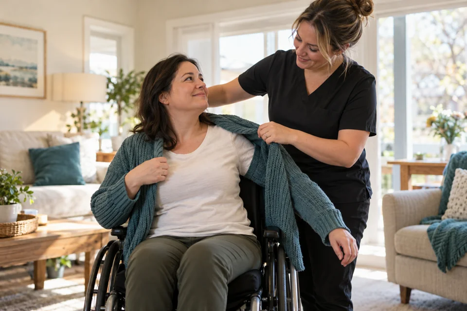 Illustrative scene of a caregiver helping an adult woman with a cardigan at home