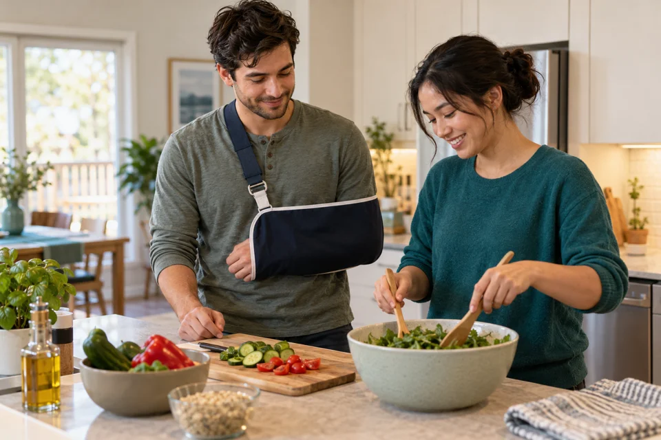 Illustrative scene of a support worker helping an adult with a sling prepare a meal