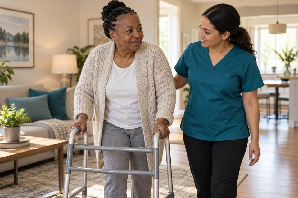 Illustrative scene of a care professional accompanying an adult using a walking frame at home