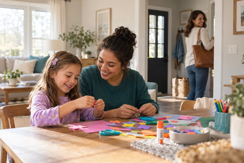 Illustrative scene of a child doing crafts with a support worker while a parent takes a break